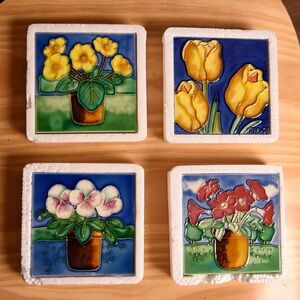 Lot of 4 floral Firelor hand-painted mounted ceramic tiles to hang or stand BNIB